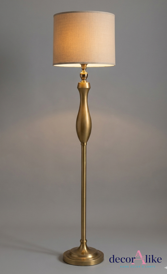 Gold floor lamp with beige linen shade – modern living room decor