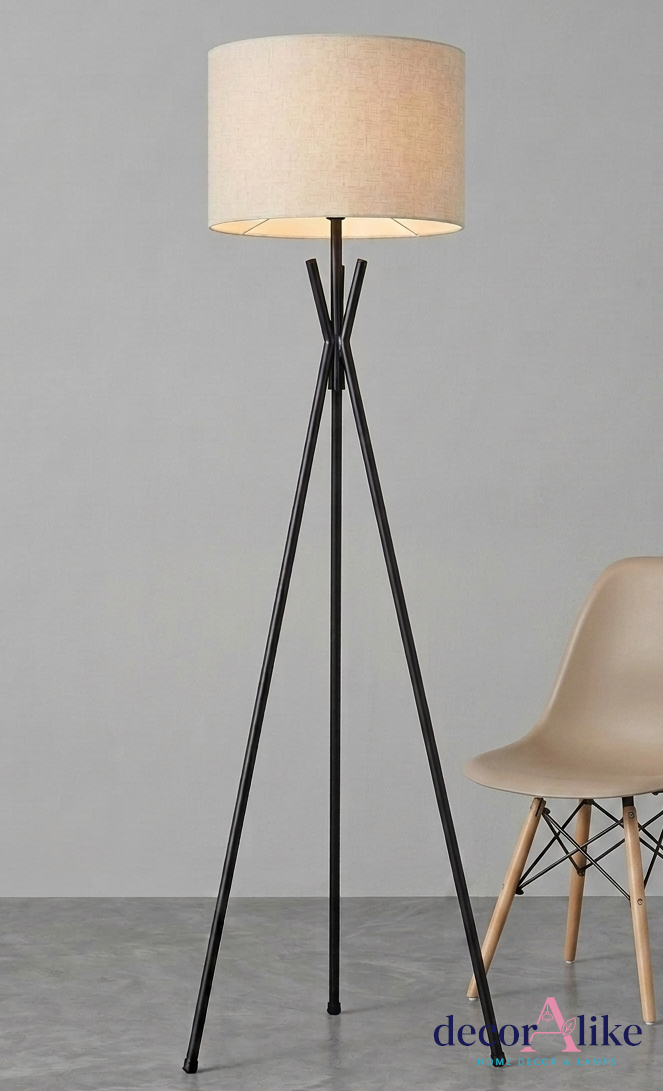 Mid-century modern tripod floor lamp with beige linen shade – retro living room decor