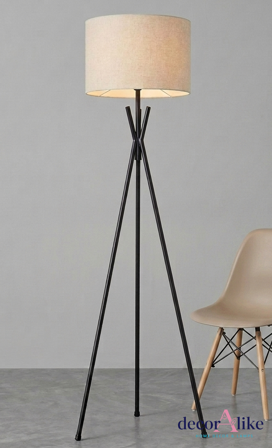 Mid-century modern tripod floor lamp with beige linen shade – retro living room decor