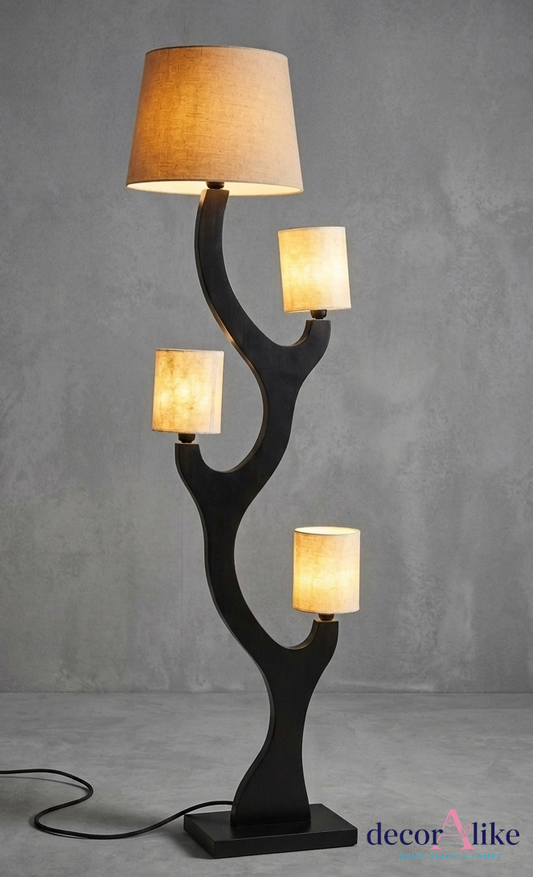 Tree branch floor lamp with three beige shades – organic modern living room deco