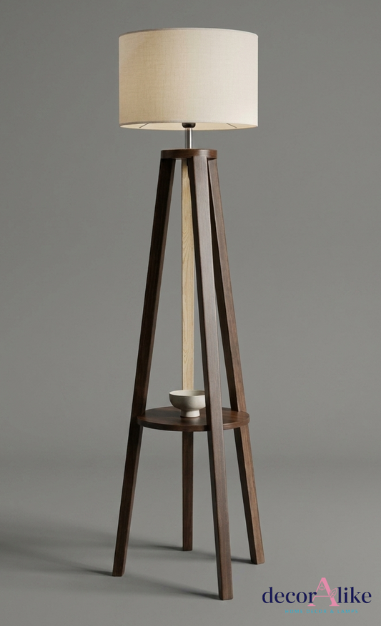 Walnut tripod floor lamp with built-in shelf and linen shade - modern lighting decor Pakistan