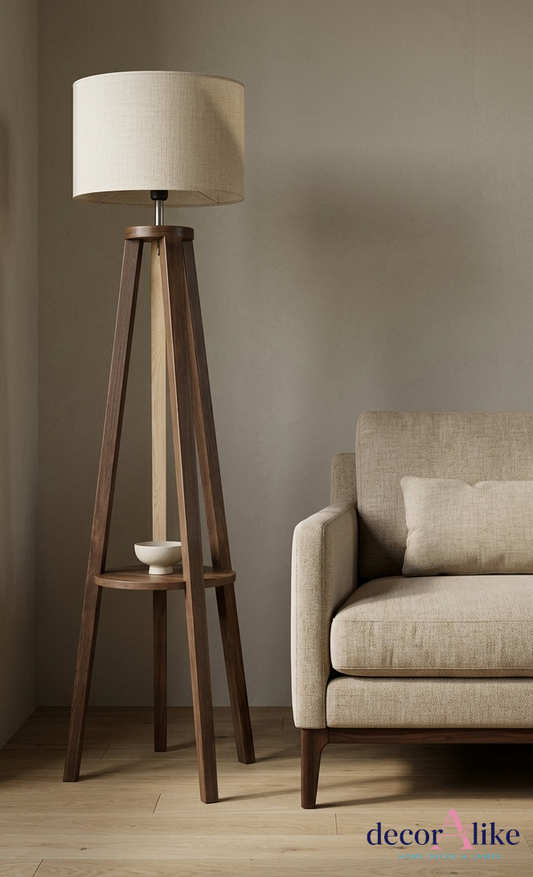 Walnut tripod floor lamp with built-in shelf and linen shade - modern lighting decor Pakistan