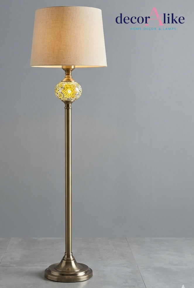 Mosaic glass floor lamp in antique brass with linen shade — buy floor lamps in Pakistan