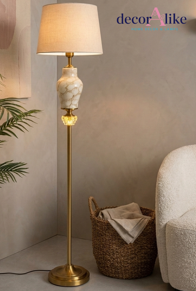 Marble & Brass Floor Lamp — Ivory Linen Shade Standing Lamp, Lahore