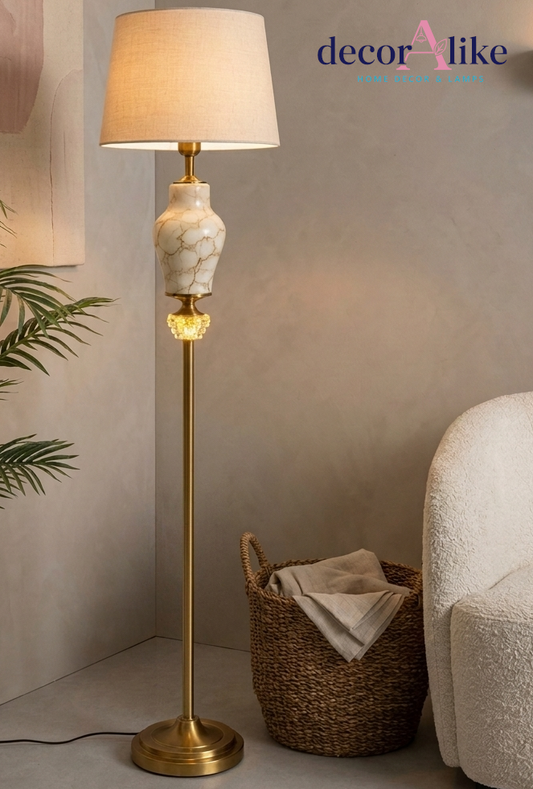 Marble & Brass Floor Lamp — Ivory Linen Shade Standing Lamp, Lahore