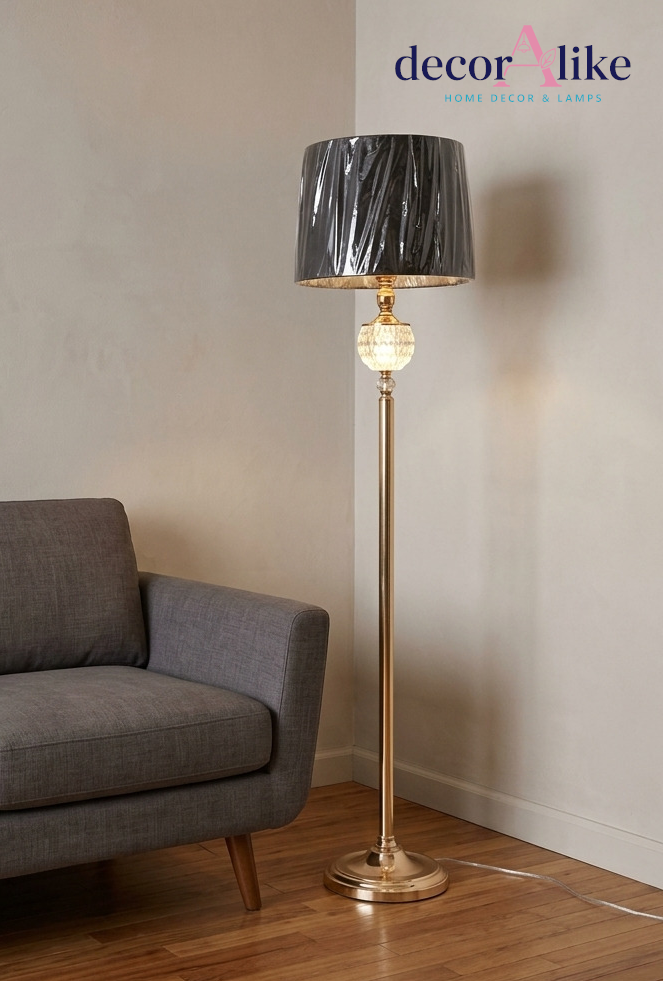 Gold Standing Lamp for Drawing Rooms – Textured Glass Globe Accent