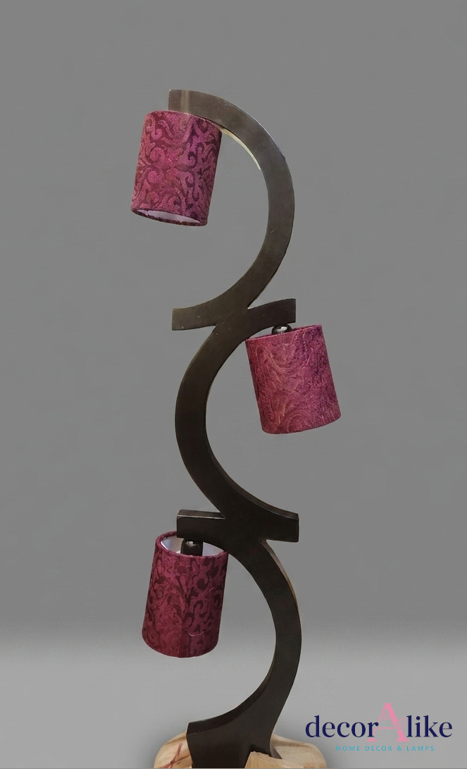 Spiral wooden floor lamp with three maroon damask fabric shades - bohemian lighting Pakistan