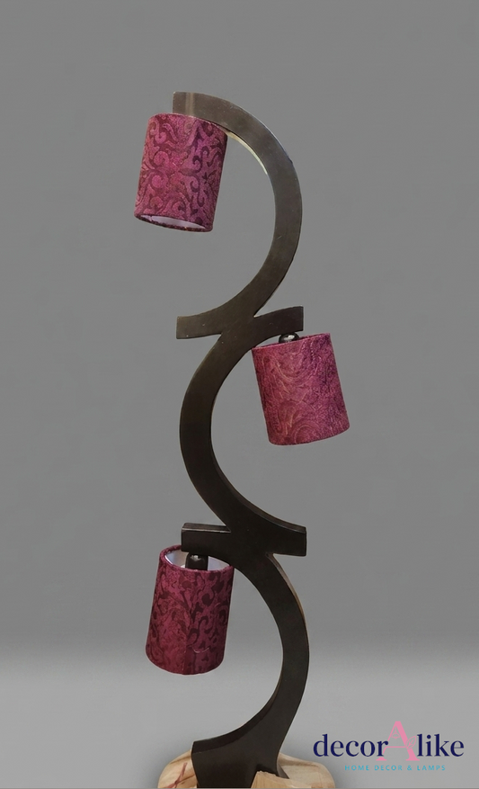 Spiral wooden floor lamp with three maroon damask fabric shades - bohemian lighting Pakistan
