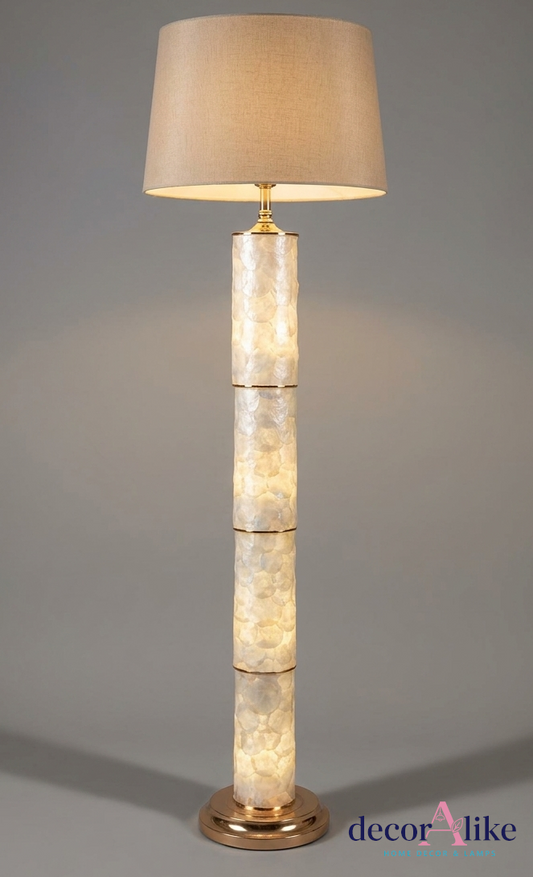 Capiz shell floor lamp with illuminated mosaic column and linen shade - luxury lighting Pakistan