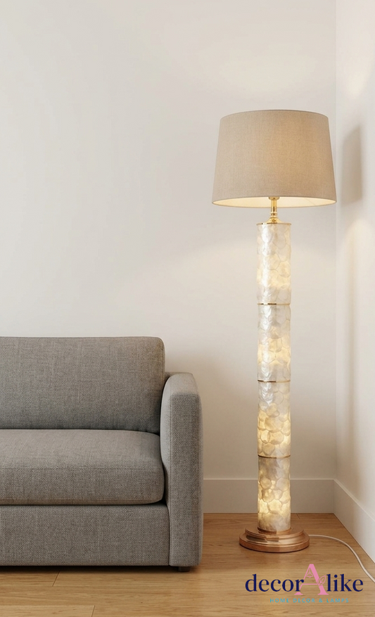 Capiz shell floor lamp with illuminated mosaic column and linen shade - luxury lighting Pakistan