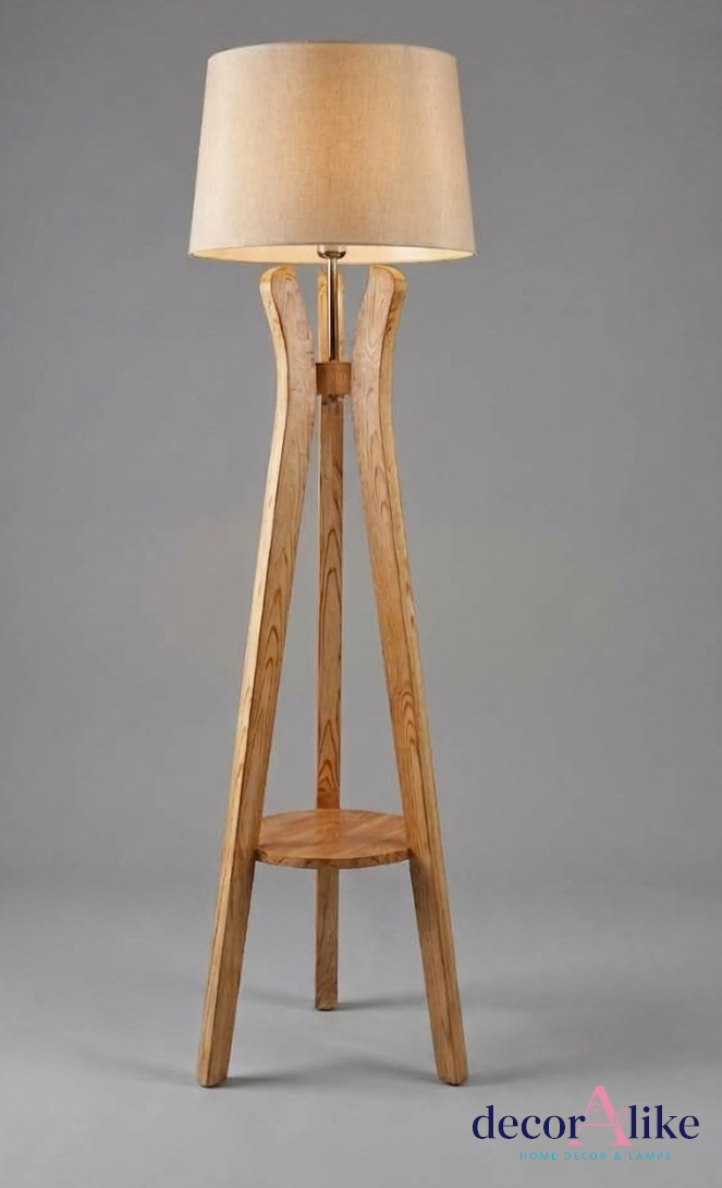 Wooden tripod floor lamp with linen shade and built-in shelf - natural lighting decor Pakistan