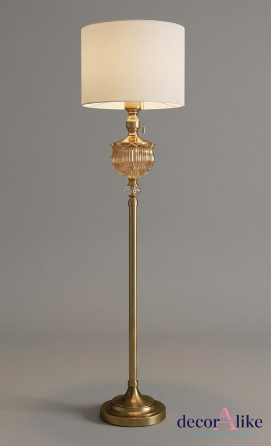 Antique brass floor lamp with amber glass urn detail and linen shade - traditional lighting Pakistan