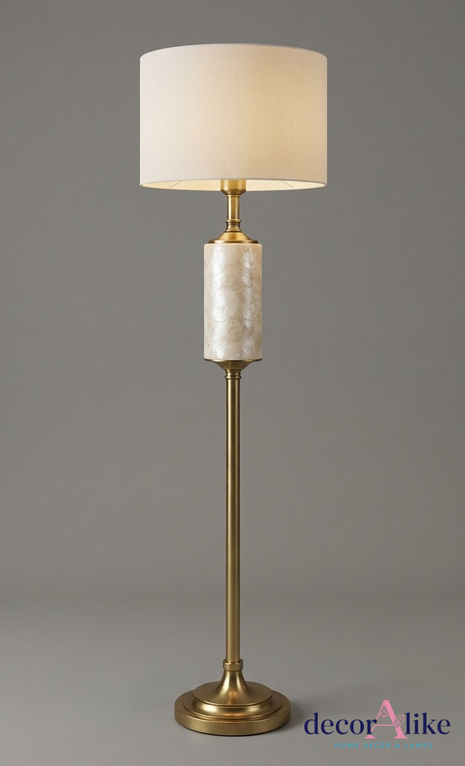 Brass floor lamp with capiz shell accent and ivory linen shade - transitional lighting Pakistan