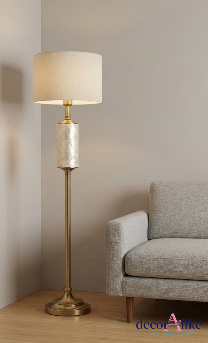 Brass floor lamp with capiz shell accent and ivory linen shade - transitional lighting Pakistan