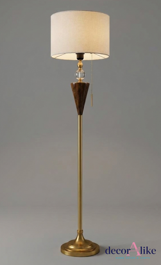 Gold table lamp with beige shade and crystal accent – modern bedroom decor