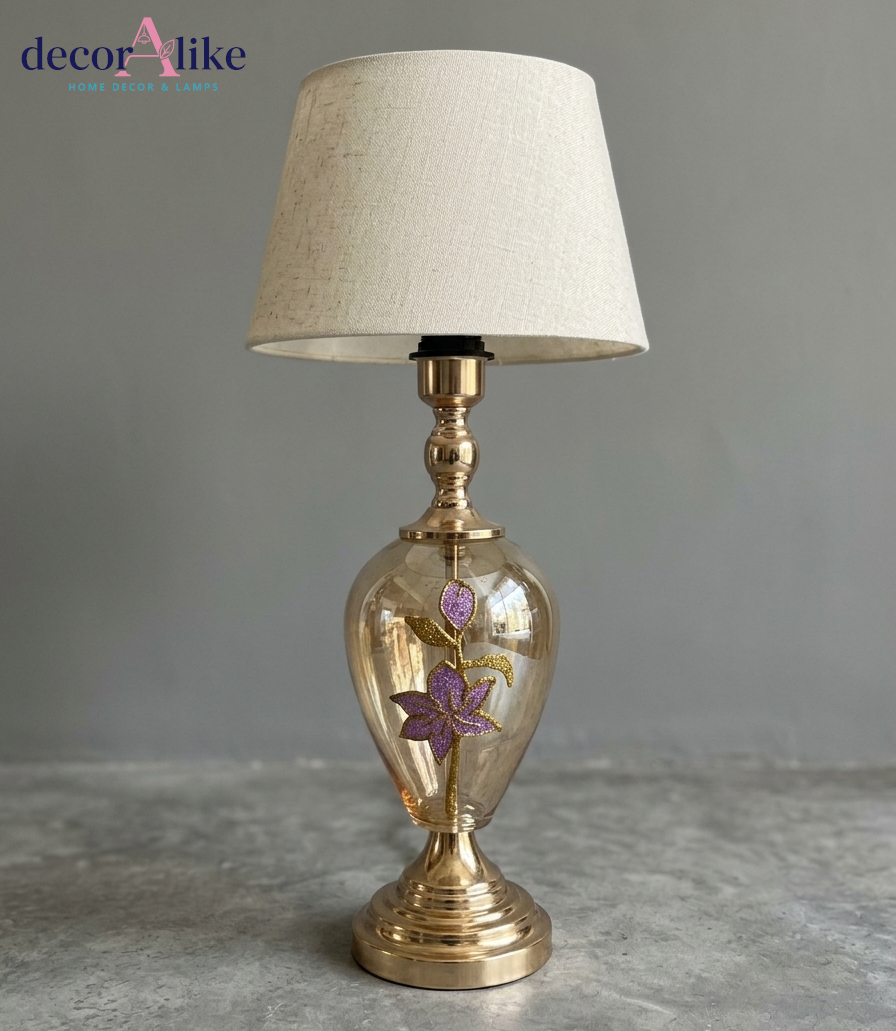 DecorAlike Purple Floral Glass Table Lamp with Gold Base and Beige Linen Shade - Luxury Glam Lamp Pakistan
