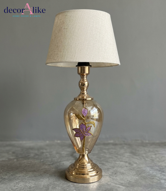 DecorAlike Purple Floral Glass Table Lamp with Gold Base and Beige Linen Shade - Luxury Glam Lamp Pakistan