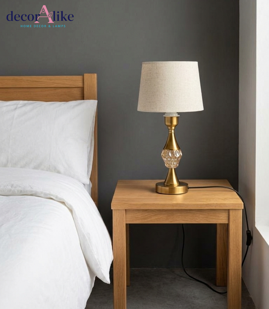 DecorAlike Brass Textured Glass Lamp - Retro Gold Bedside Lamp with Linen Shade Pakistan | Set of 2
