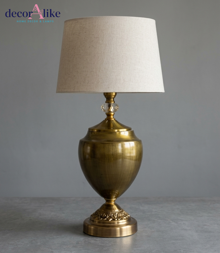 DecorAlike Classic Brass Urn Table Lamp with Crystal Accent and Beige Linen Shade - Luxury Lamp Pakistan