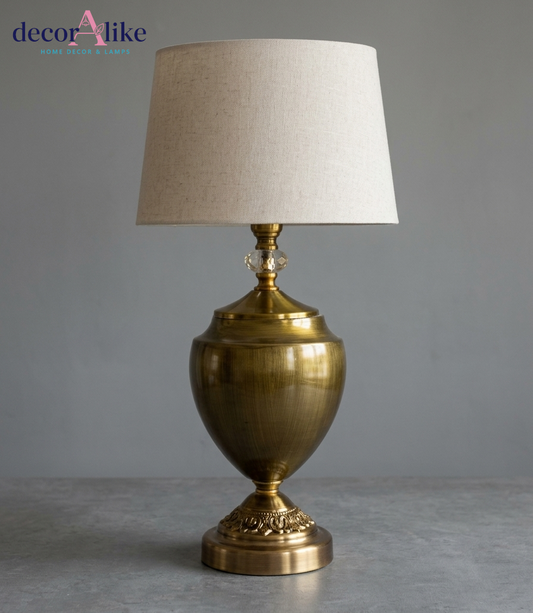 DecorAlike Classic Brass Urn Table Lamp with Crystal Accent and Beige Linen Shade - Luxury Lamp Pakistan