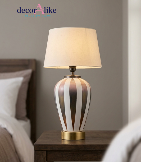 Striped ceramic table lamp with beige linen shade – brass base – Decoralike Lahore
