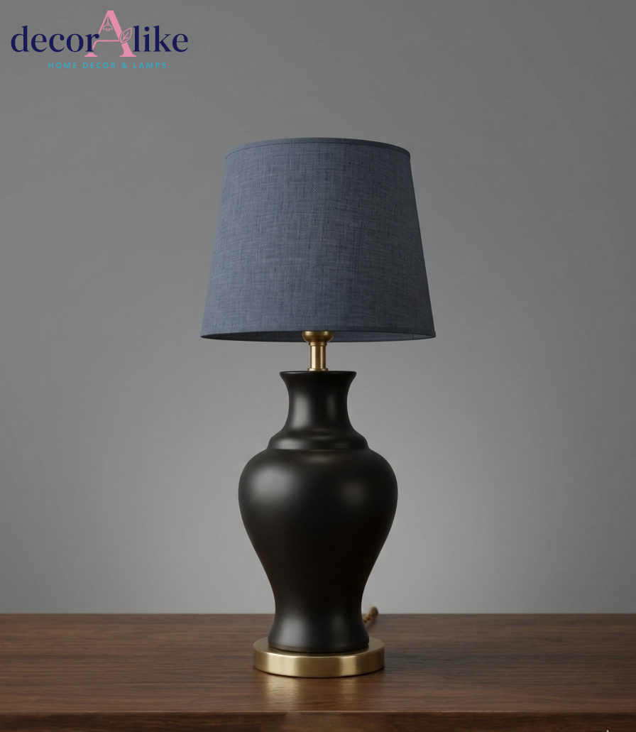 Matte black urn table lamp with blue linen shade – brass base – Decoralike Lahore - SHOP ONLINE LAHORE