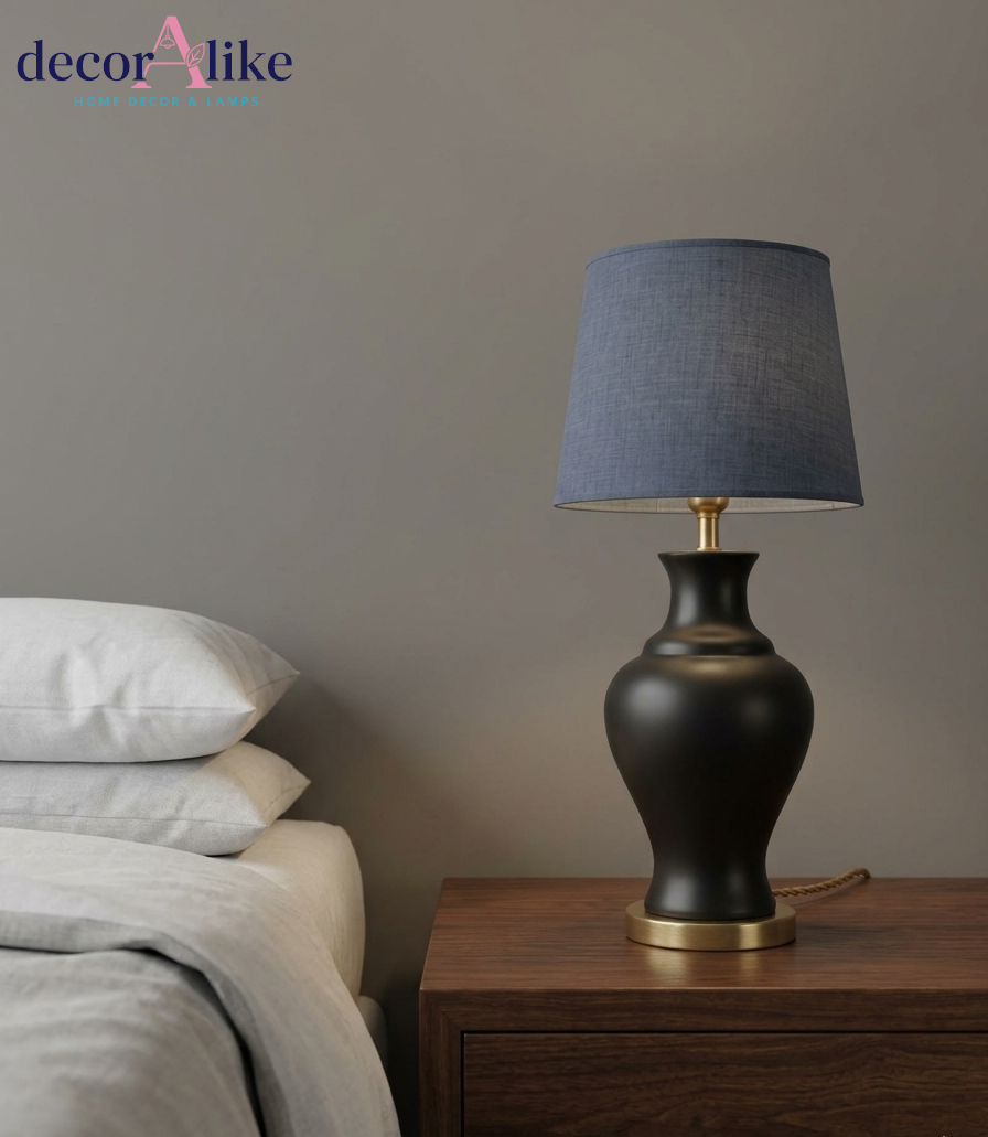 Matte black urn table lamp with blue linen shade – brass base – Decoralike Lahore - SHOP ONLINE LAHORE
