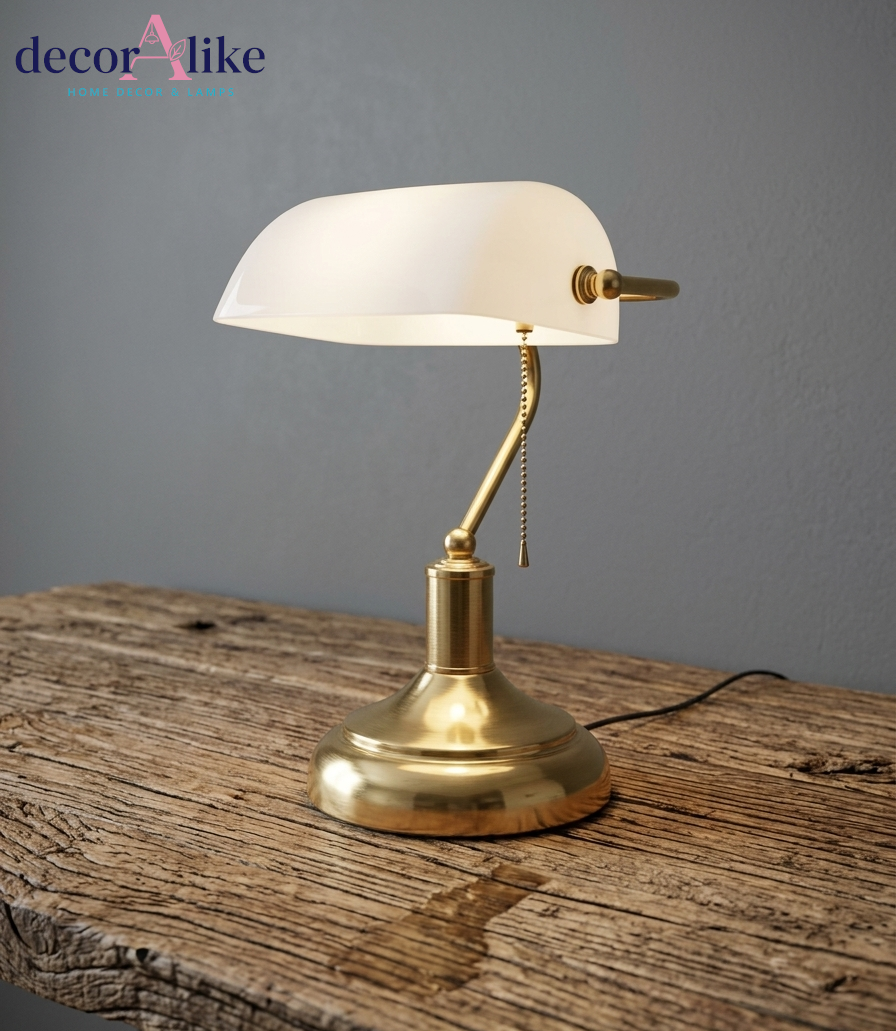 A brass bankers lamp with a white curved glass shade, resting on a rustic wooden table against a gray wall. The brand logo 'decorAlike' is visible in the top left corner.