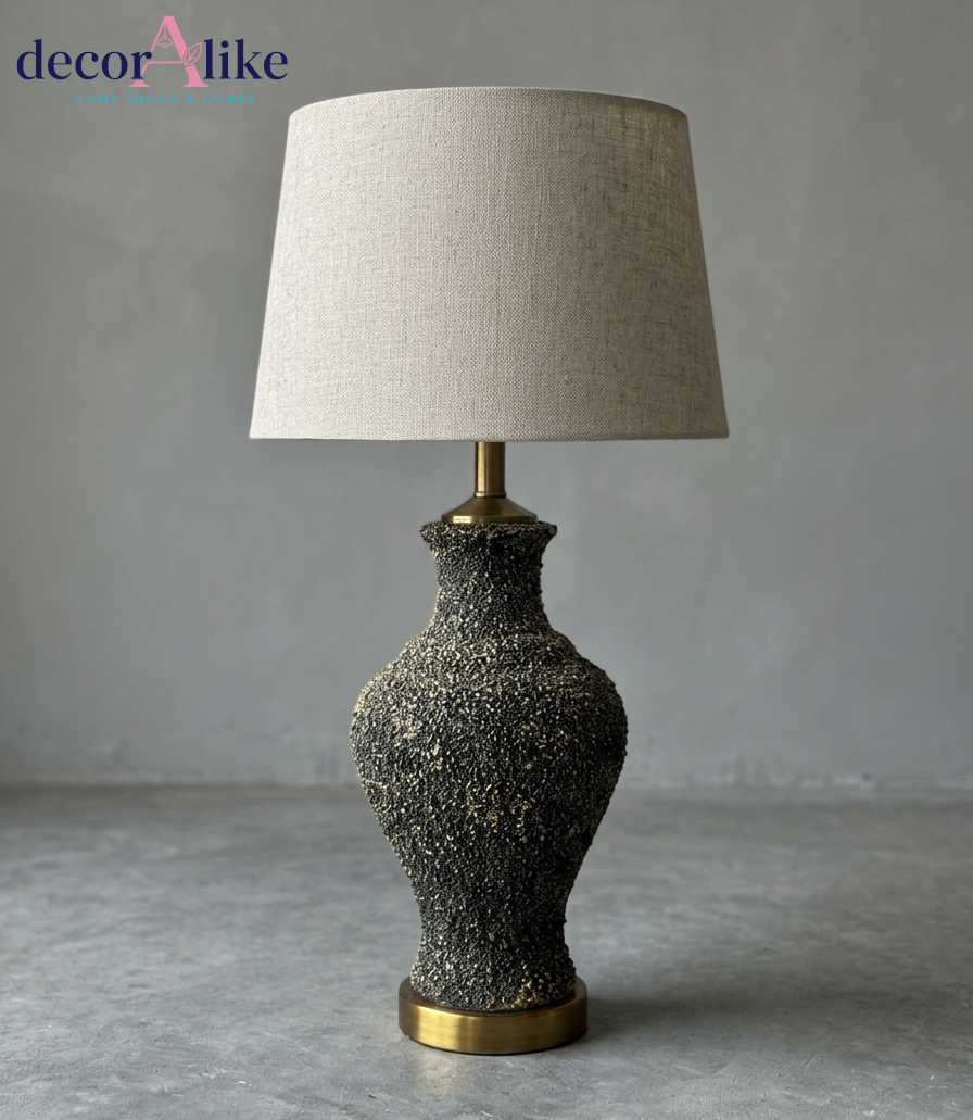 Textured charcoal urn table lamp with linen shade – antique brass base – Decoralike Lahore
