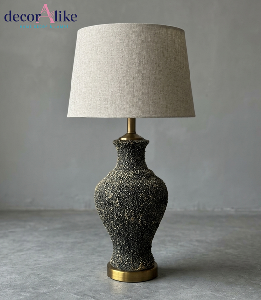 Textured charcoal urn table lamp with linen shade – antique brass base – Decoralike Lahore