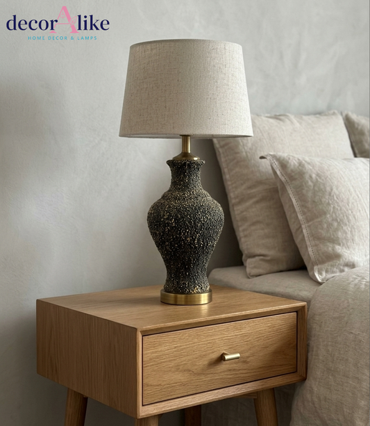 Textured charcoal urn table lamp with linen shade – antique brass base – Decoralike Lahore