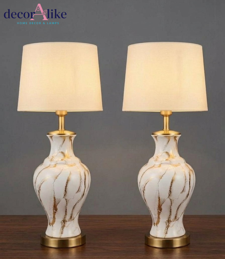 Set of 2 white marble-effect urn table lamps with linen shades – brass base – Decoralike Lahore