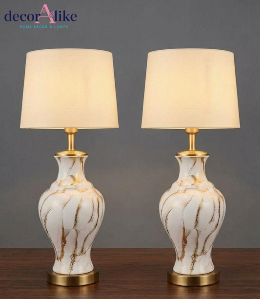 Set of 2 white marble-effect urn table lamps with linen shades – brass base – Decoralike Lahore
