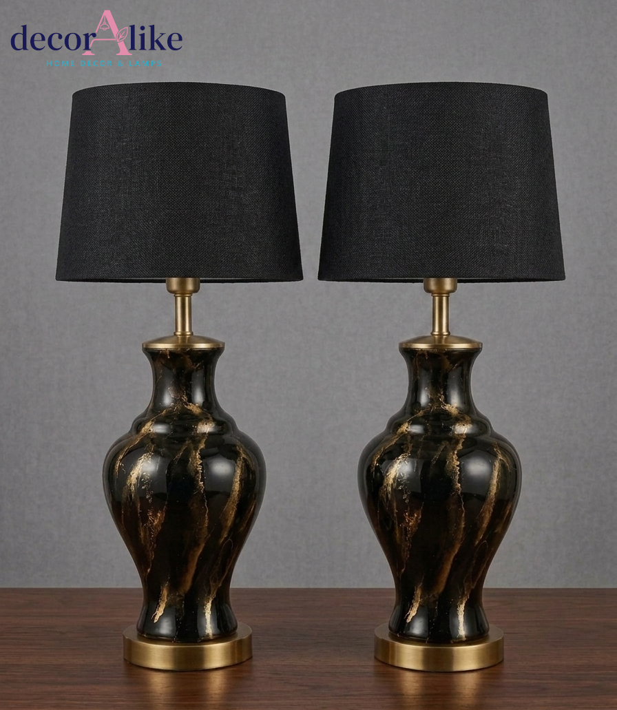 Set of 2 black marble-effect urn table lamps with black linen shades – brass base – Decoralike Lahore