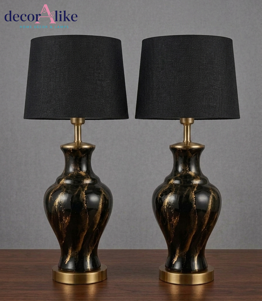 Set of 2 black marble-effect urn table lamps with black linen shades – brass base – Decoralike Lahore