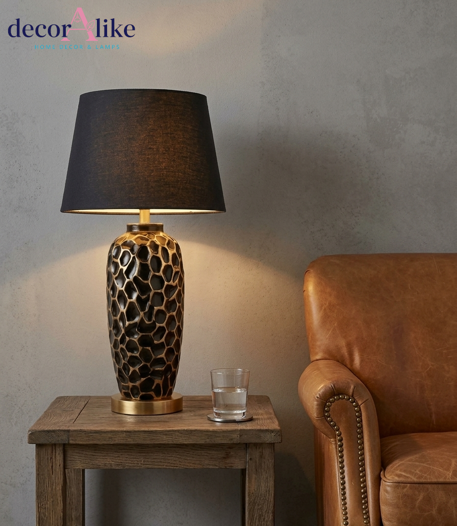 Honeycomb textured white ceramic table lamp with linen shade – brass base – Decoralike Lahore