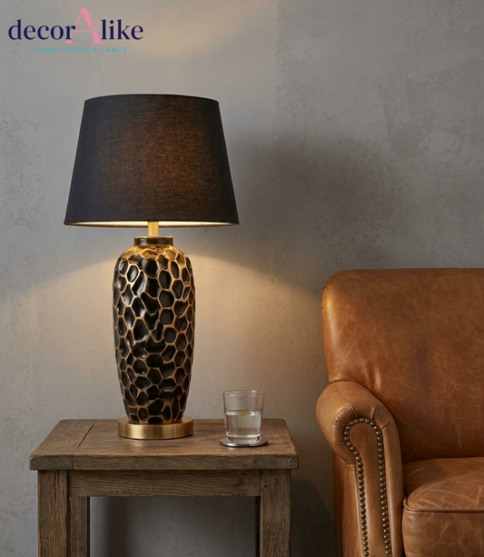 Honeycomb textured white ceramic table lamp with linen shade – brass base – Decoralike Lahore