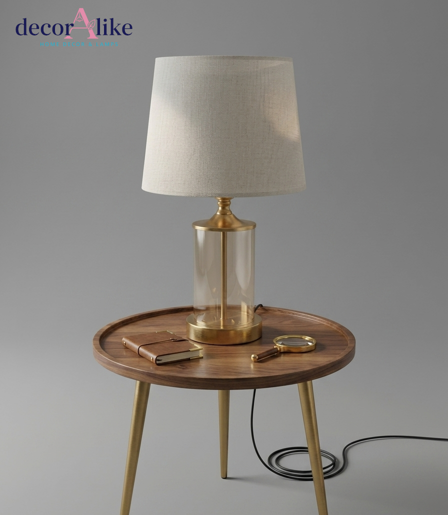 Clear glass cylinder table lamp with linen shade – Decoralike Lahore