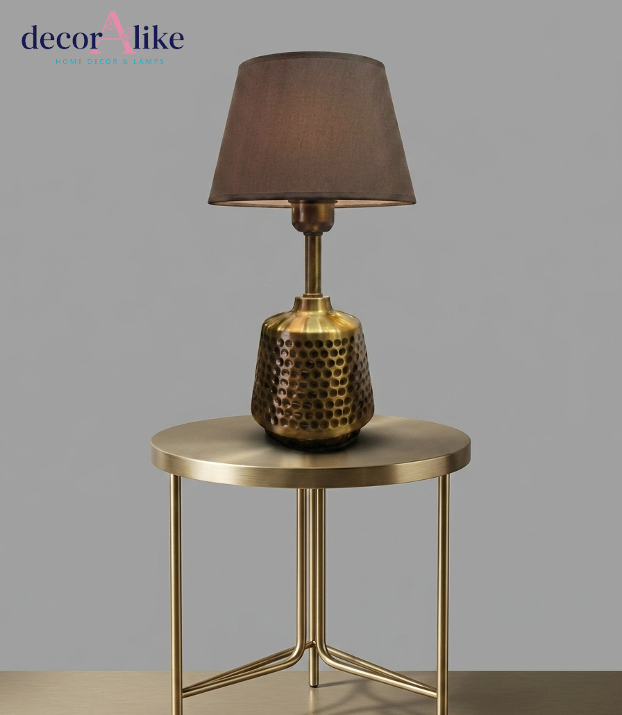Hammered brass table lamp with brown linen shade – Decoralike Lahore