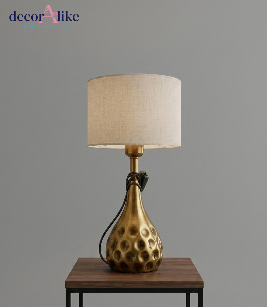 Dimpled brass teardrop table lamp with linen drum shade – Decoralike Lahore