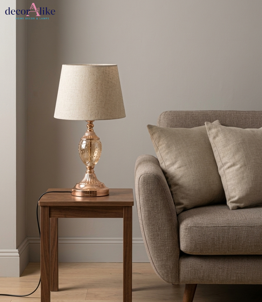Rose gold table lamp with clear bubble glass base and cream linen shade — glass bedside lamp Pakistan