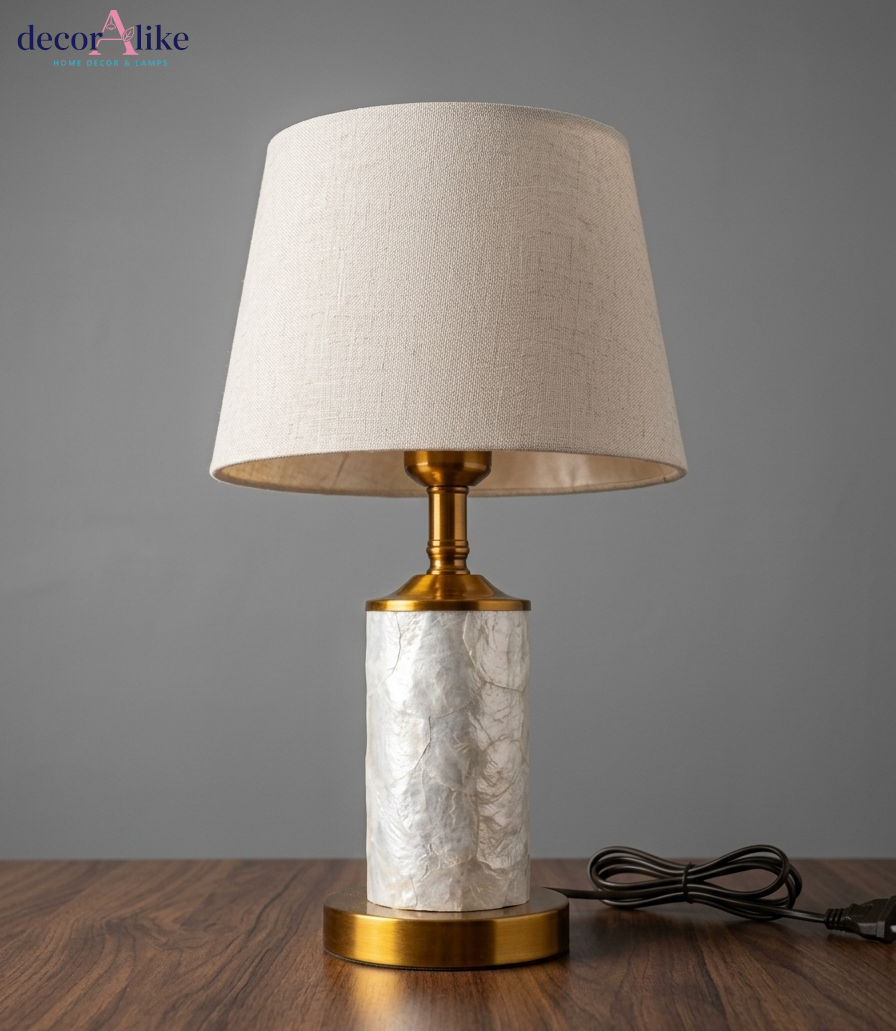 Mother of pearl table lamp with gold base and beige linen shade — shell inlay bedside lamp Pakistan