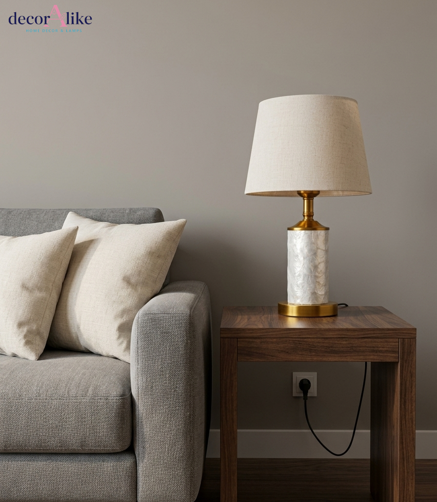 Mother of pearl table lamp with gold base and beige linen shade — shell inlay bedside lamp Pakistan