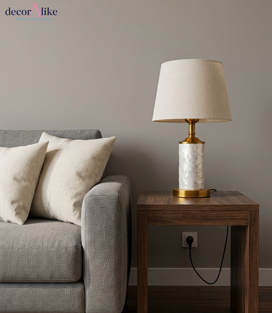 Mother of pearl table lamp with gold base and beige linen shade — shell inlay bedside lamp Pakistan