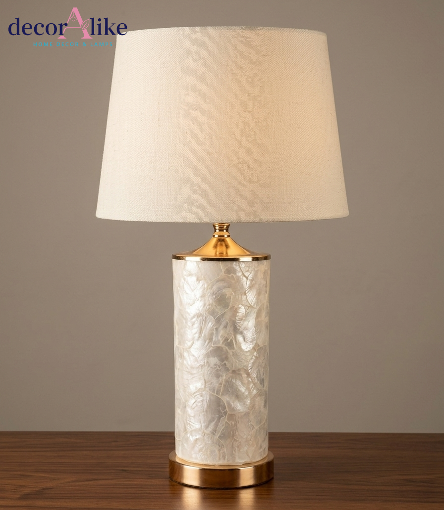 Pearl shell column table lamp with polished gold trim and ivory linen shade — luxury bedside lamp Pakistan