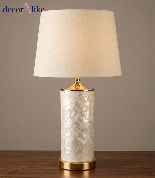 Pearl shell column table lamp with polished gold trim and ivory linen shade — luxury bedside lamp Pakistan