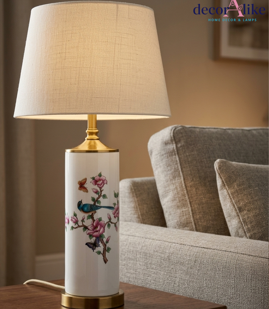 table lamp with painted floral and bird design and gold base — floral bedside lamp Pakistan