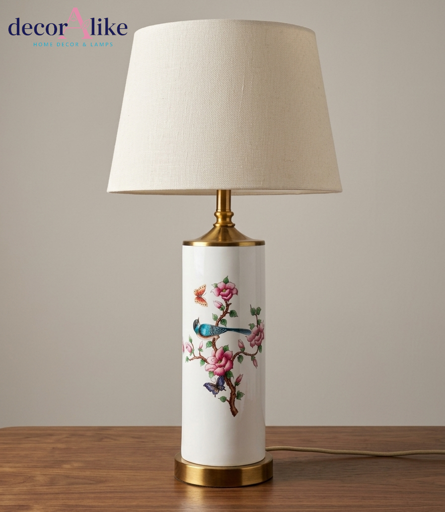 table lamp with painted floral and bird design and gold base — floral bedside lamp Pakistan