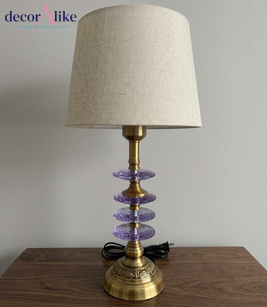 Purple crystal table lamp with antique brass base and beige linen shade — coloured bedside lamp Pakistan