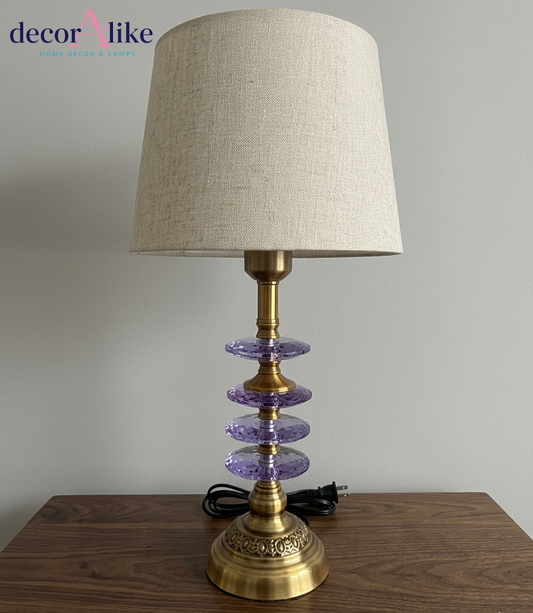 Purple crystal table lamp with antique brass base and beige linen shade — coloured bedside lamp Pakistan